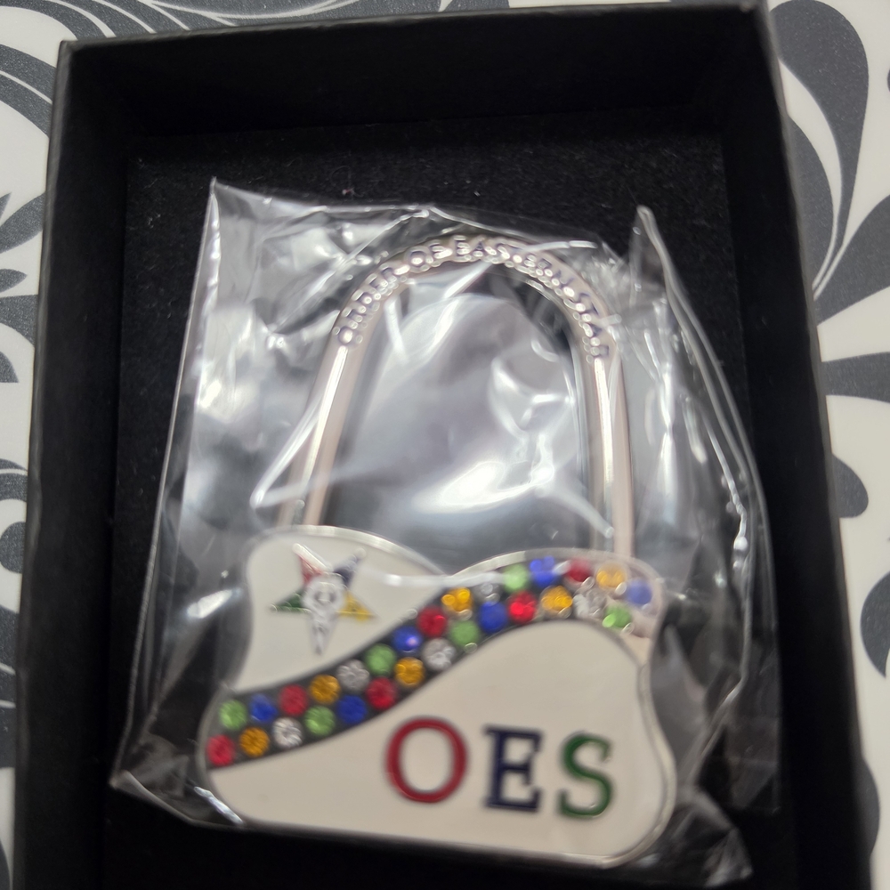 OES Rhinestone Lock Purse Hanger - White with Multicolor Gems